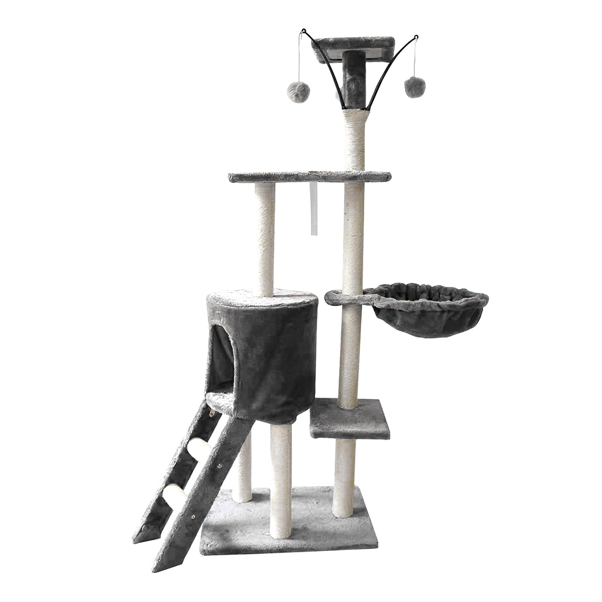 Raganet, Árbol Trepador y Rascador para Gatos, Torre de Actividades de Varios Niveles, Castillo con Escaleras, Hamaca, Cubiertas de Felpa, Seguro y Duradero de 140cm Alto X 50cm Largo (Gris)