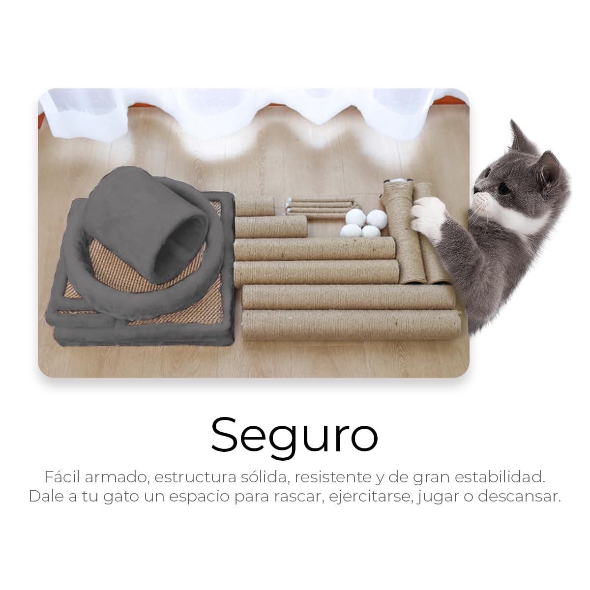 Raganet, Árbol Trepador y Rascador para Gatos, Torre de Actividades de Varios Niveles, Castillo con Escaleras, Hamaca, Cubiertas de Felpa, Seguro y Duradero de 140cm Alto X 50cm Largo (Gris)