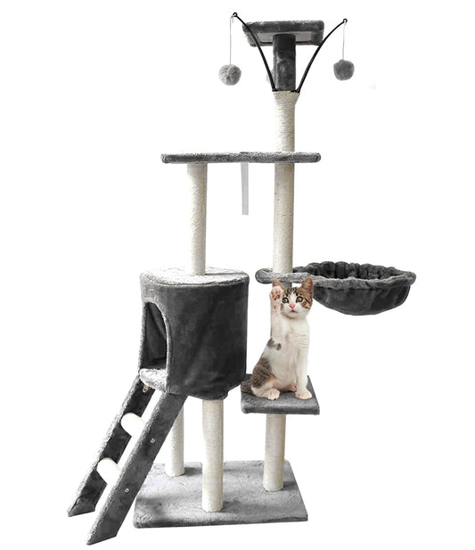 Raganet, Árbol Trepador y Rascador para Gatos, Torre de Actividades de Varios Niveles, Castillo con Escaleras, Hamaca, Cubiertas de Felpa, Seguro y Duradero de 140cm Alto X 50cm Largo (Gris)