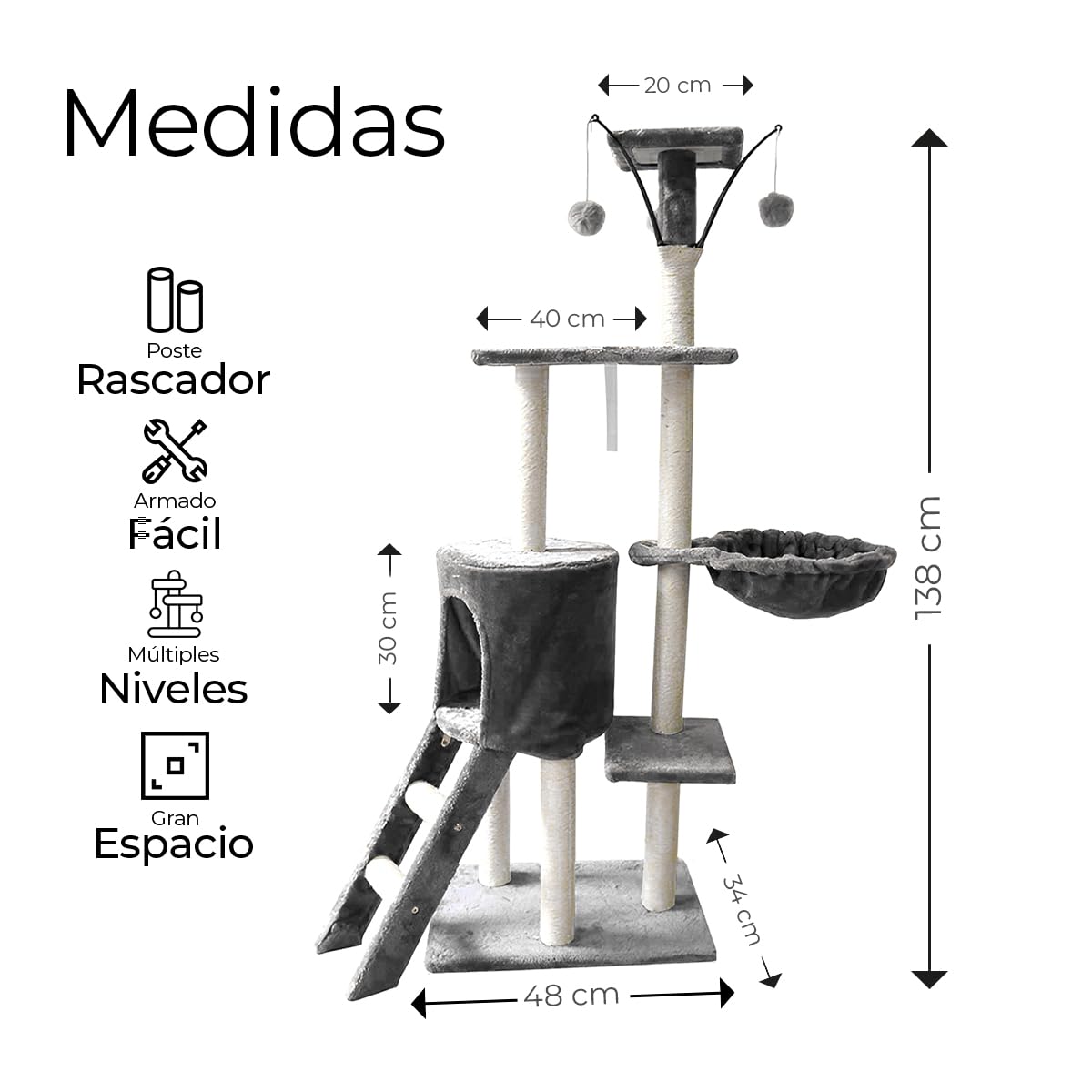 Raganet, Árbol Trepador y Rascador para Gatos, Torre de Actividades de Varios Niveles, Castillo con Escaleras, Hamaca, Cubiertas de Felpa, Seguro y Duradero de 140cm Alto X 50cm Largo (Gris)