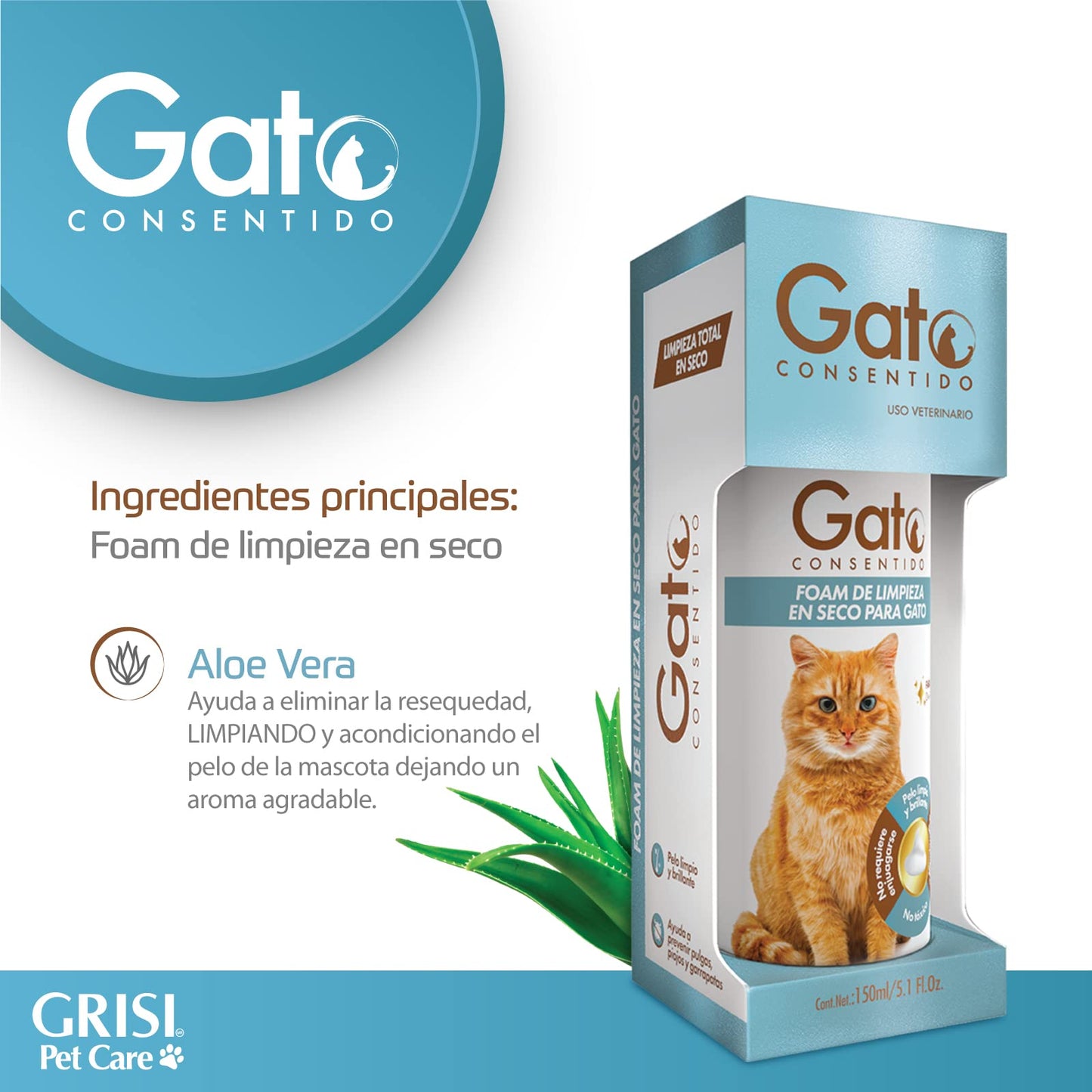 Gato Consentido - Foam de Limpieza en Seco, Shampoo en Seco para Gatos, Ideal para Mantener la Higiene de tu Mascota, 150 ml