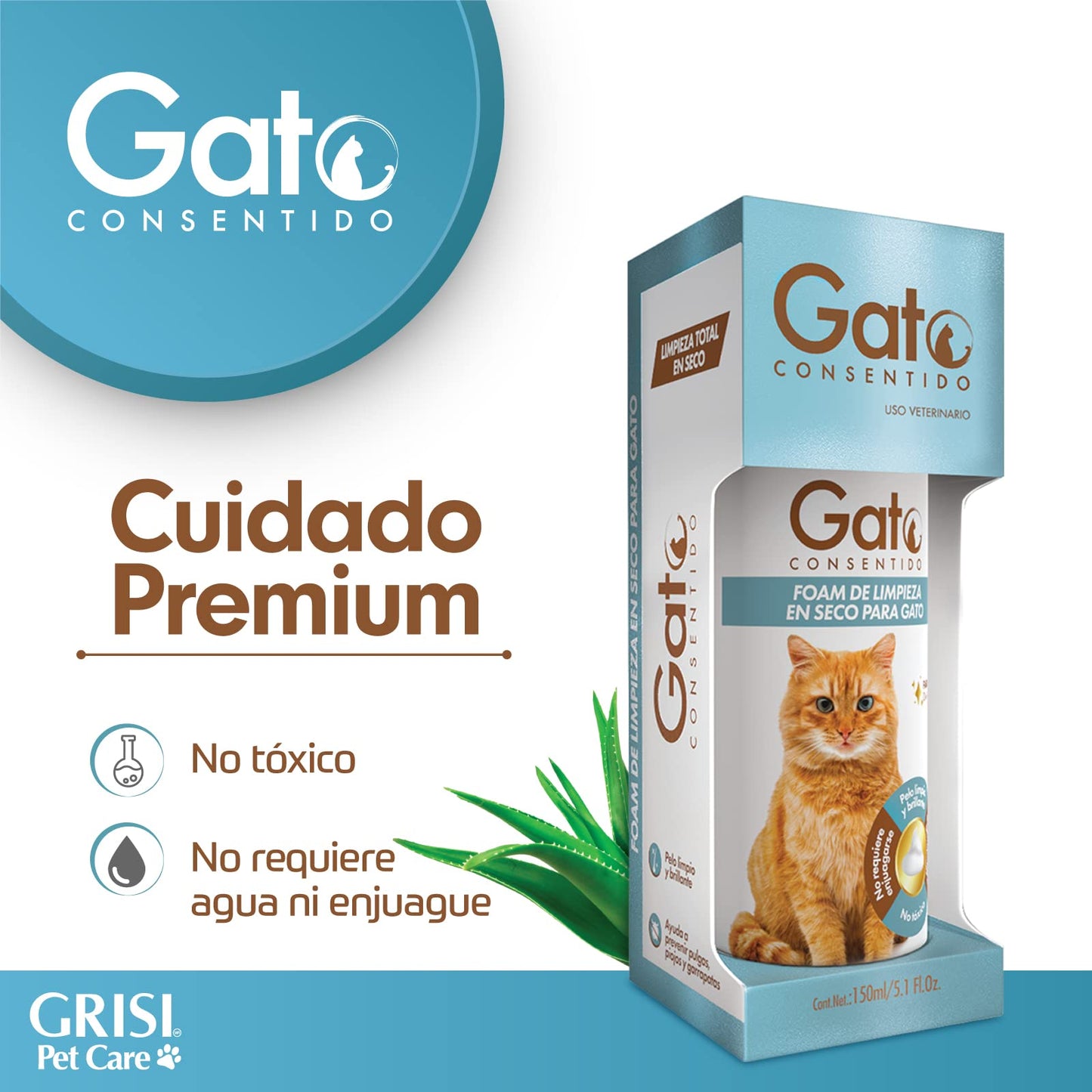 Gato Consentido - Foam de Limpieza en Seco, Shampoo en Seco para Gatos, Ideal para Mantener la Higiene de tu Mascota, 150 ml