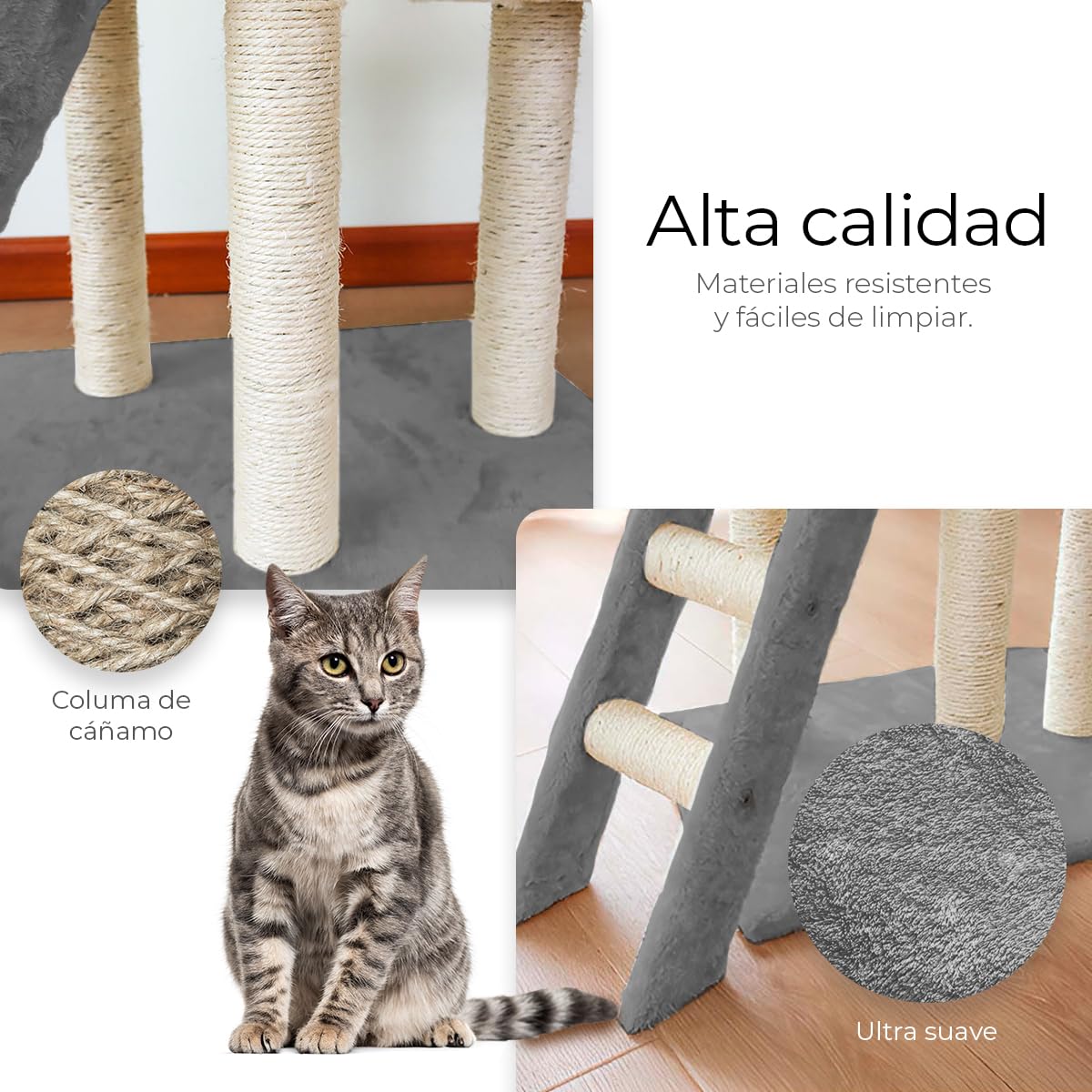 Raganet, Árbol Trepador y Rascador para Gatos, Torre de Actividades de Varios Niveles, Castillo con Escaleras, Hamaca, Cubiertas de Felpa, Seguro y Duradero de 140cm Alto X 50cm Largo (Gris)