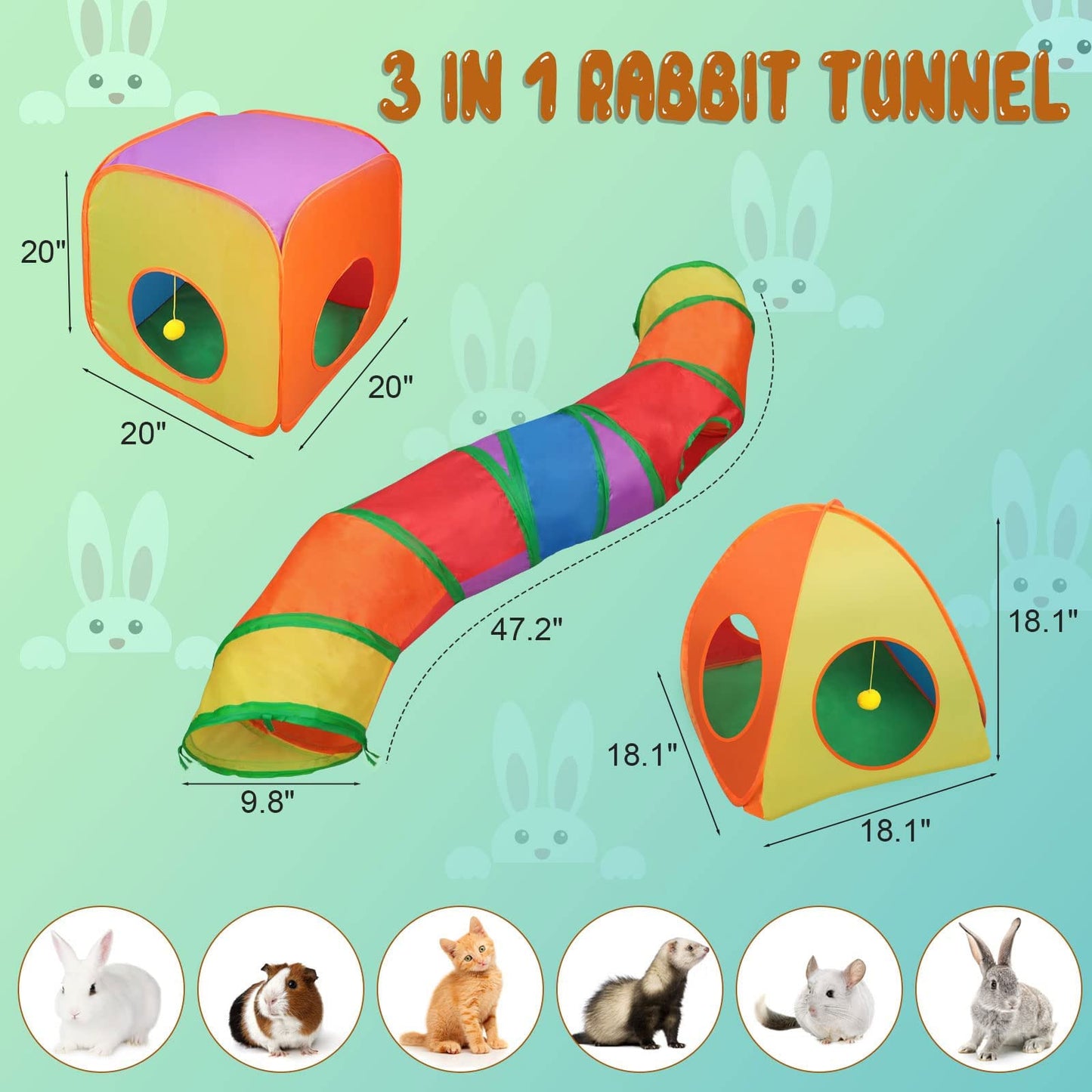 YUEPET Túnel y Cubo de Conejo Plegable, Tienda de campaña interactiva, túnel Arrugado, Juguetes de Animales pequeños con Bola de Juego para Conejo Enano, Conejito de Indias