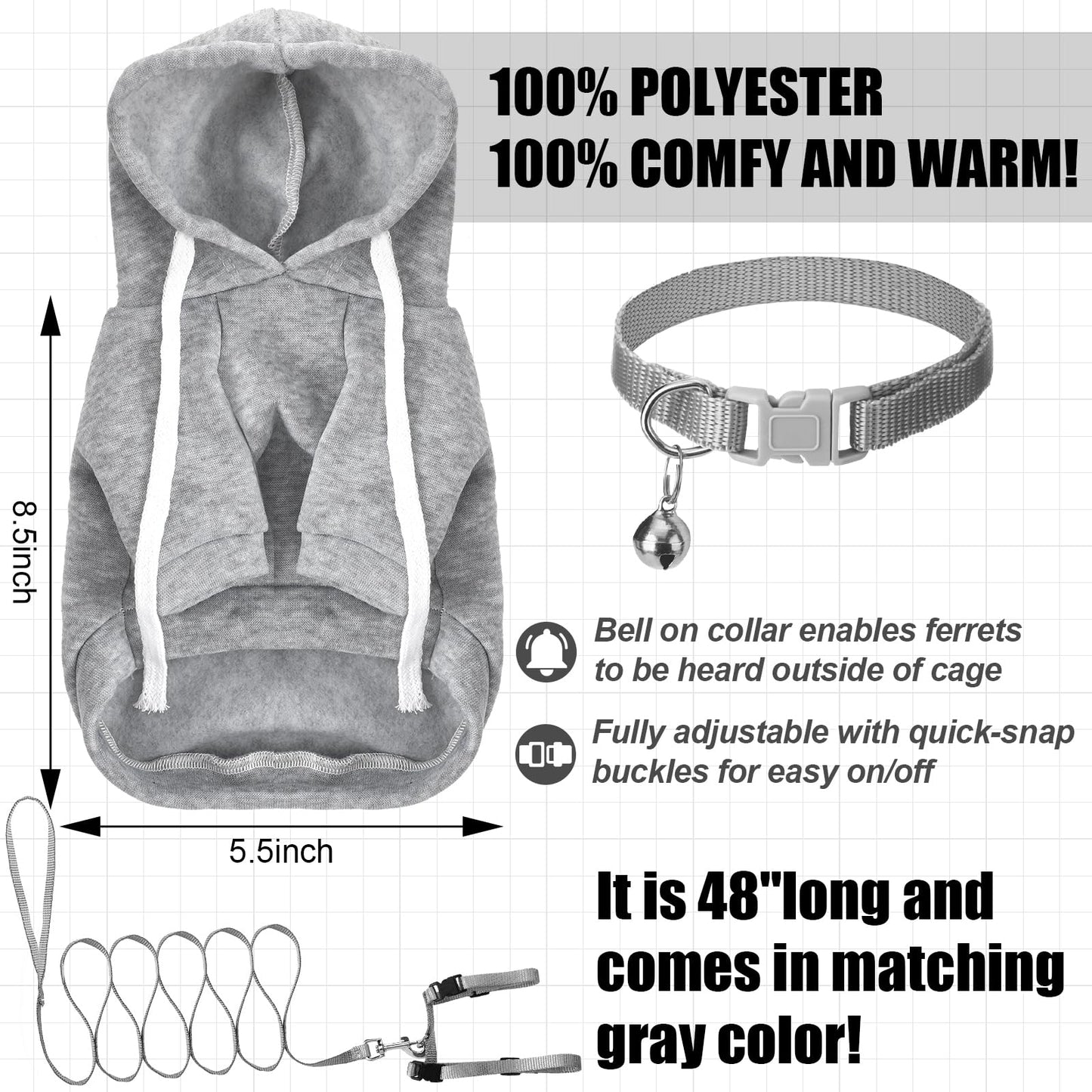 3 Accesorios para Hurón - Sudadera Suave, Collar con Cascabel y Set de Arnés y Correa